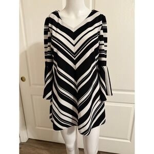 COCO BIANCO Black White Striped Bell Sleeve V Neck A Line Dress Women's Size S